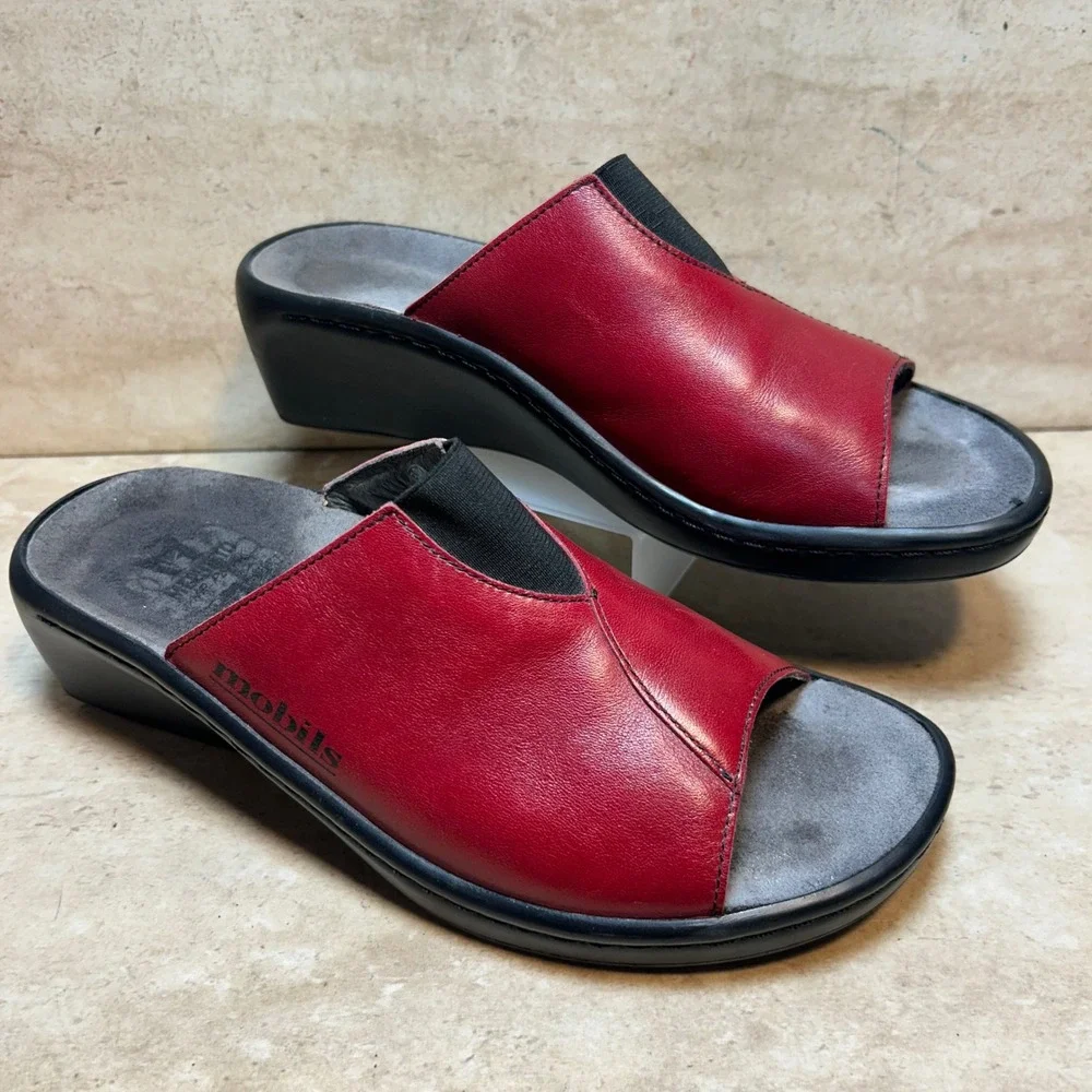 Mephisto Mobils‎ Red Leather Wedge Slide Sandals Made in France Womens 38 US 8